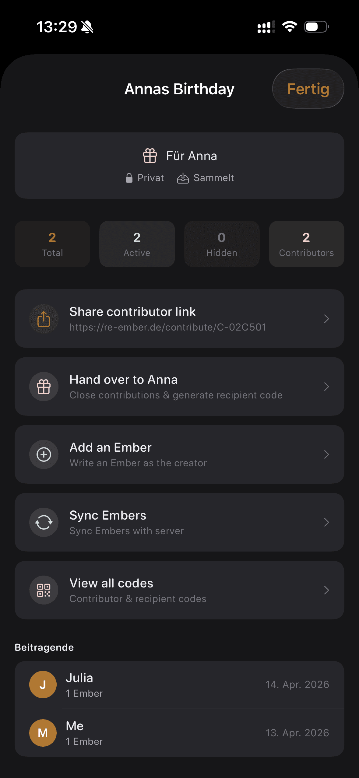 Verwaltung eines Gift Space für Annas Geburtstag in der App