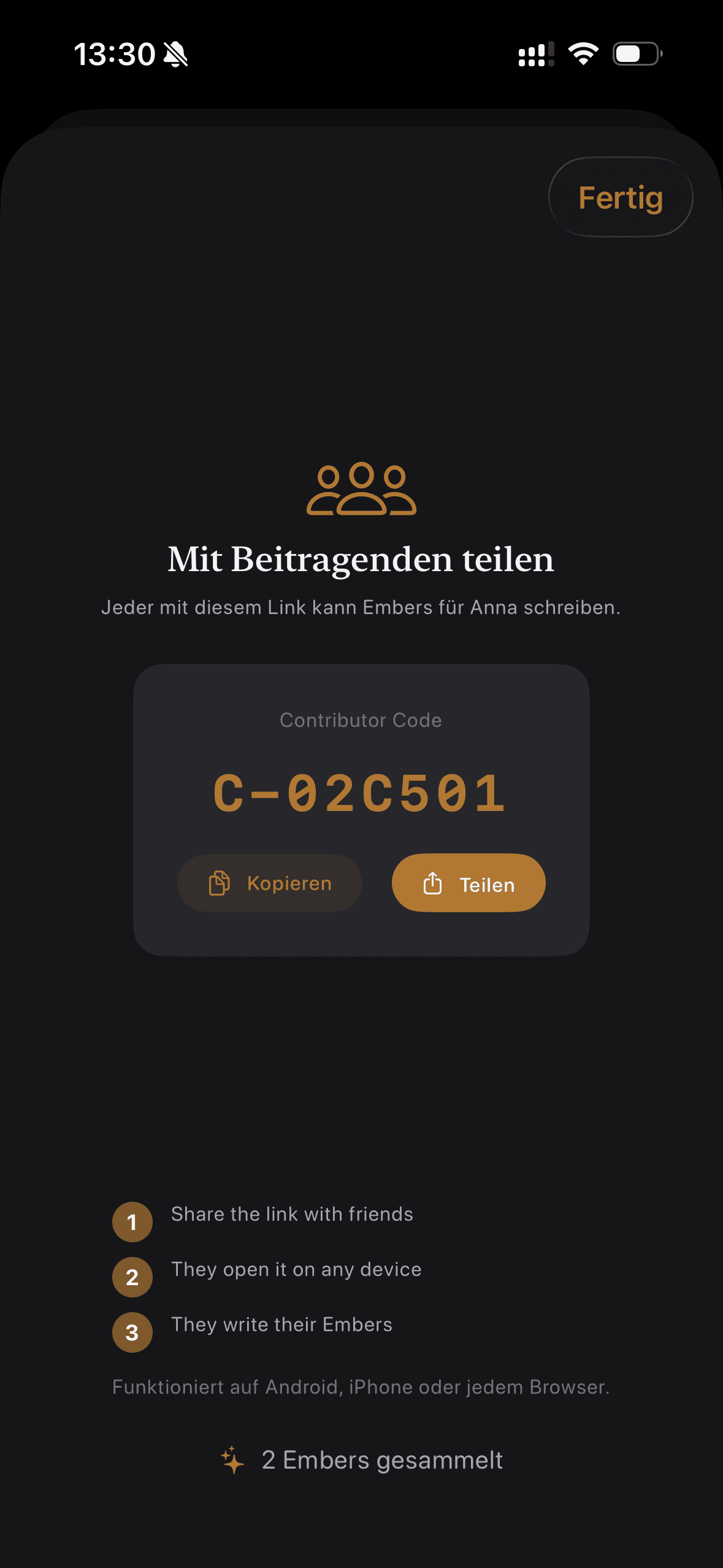 Einen Contributor-Code für einen Gift Space in der Re:Ember-App teilen