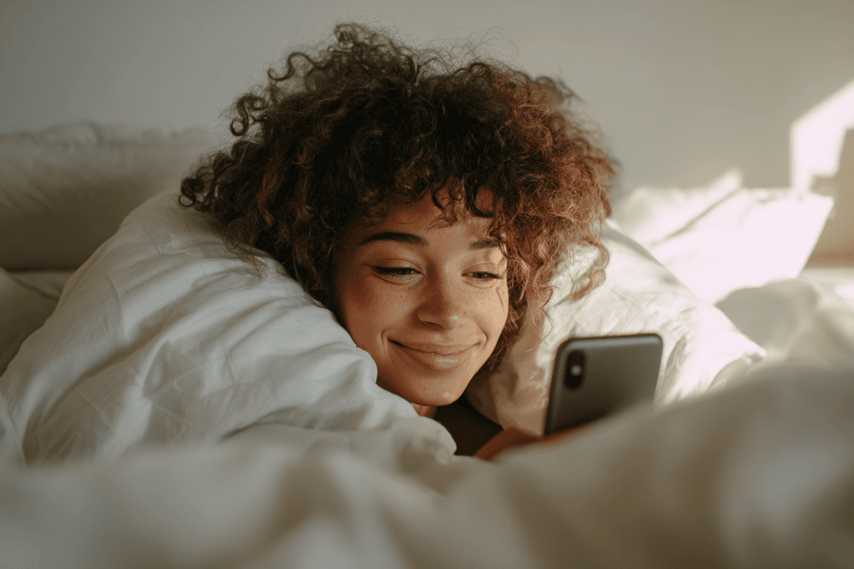 A young woman smiling softly while reading a message from a friend