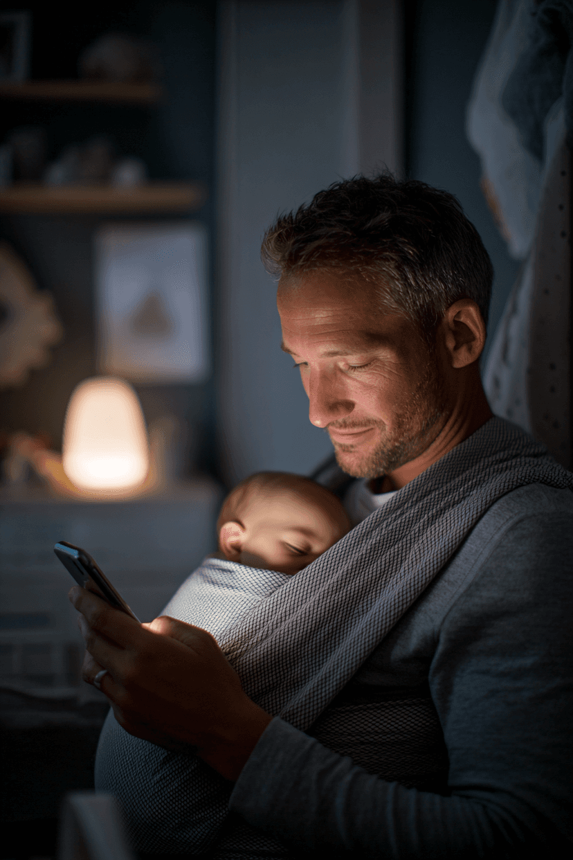 A father holding his sleeping baby while reading a heartfelt message