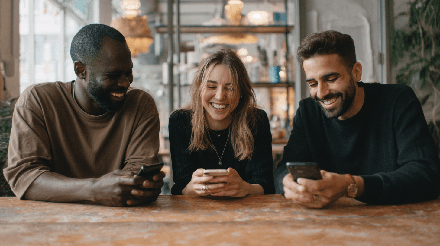 AI-generated illustrative image: Three friends laughing together at a café, sharing a warm moment