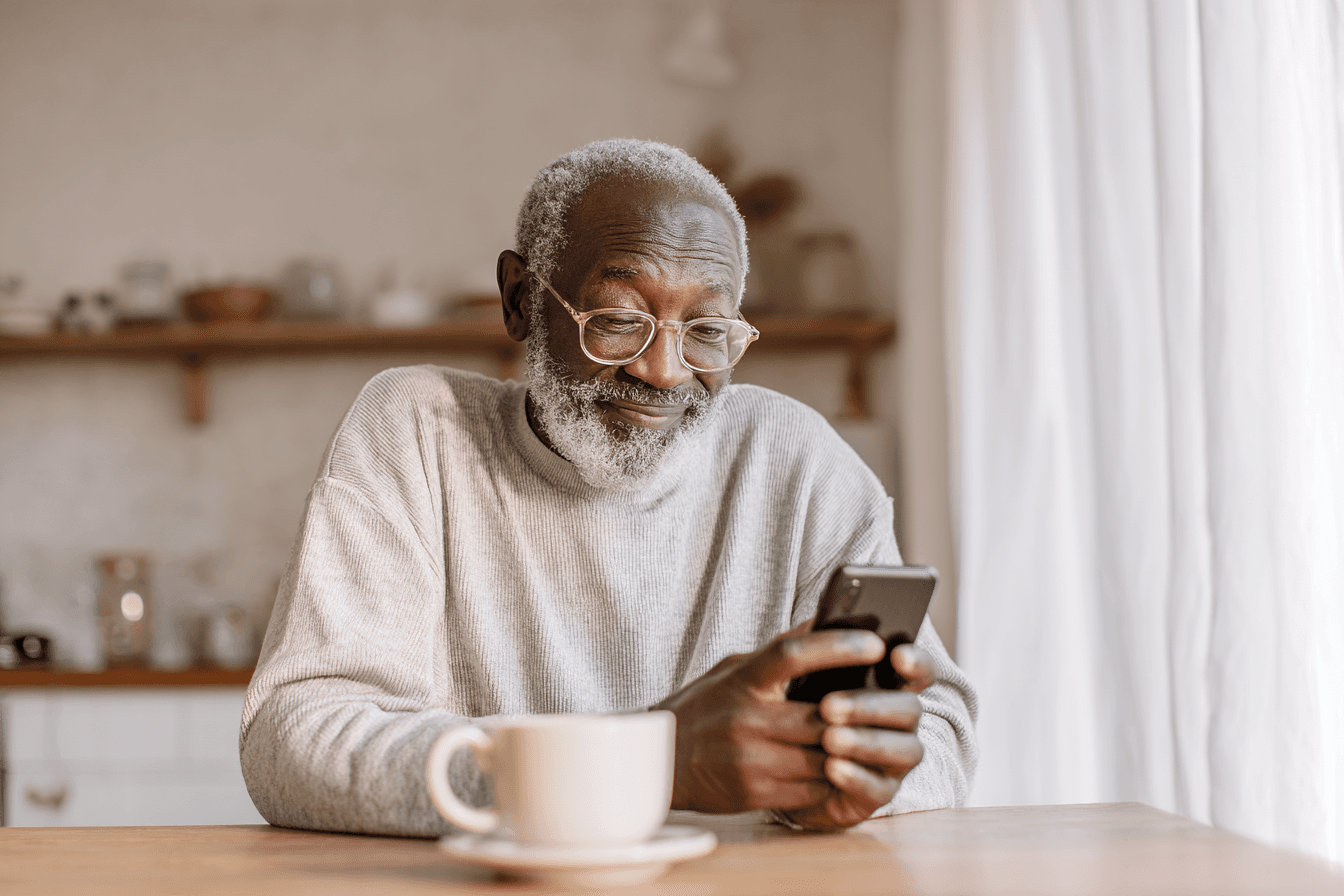 AI-generated illustrative image: An older man reading a quiet message on his phone over morning coffee