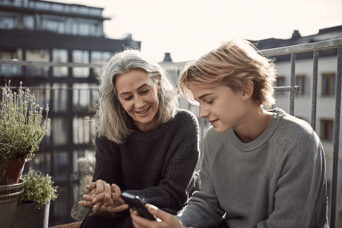 A mother and her teenage son sharing a quiet moment on the balcony