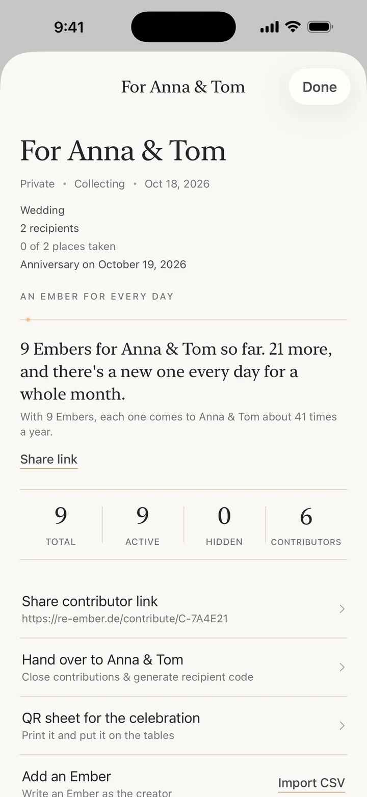 Managing a Gift Space for Anna's birthday in the app