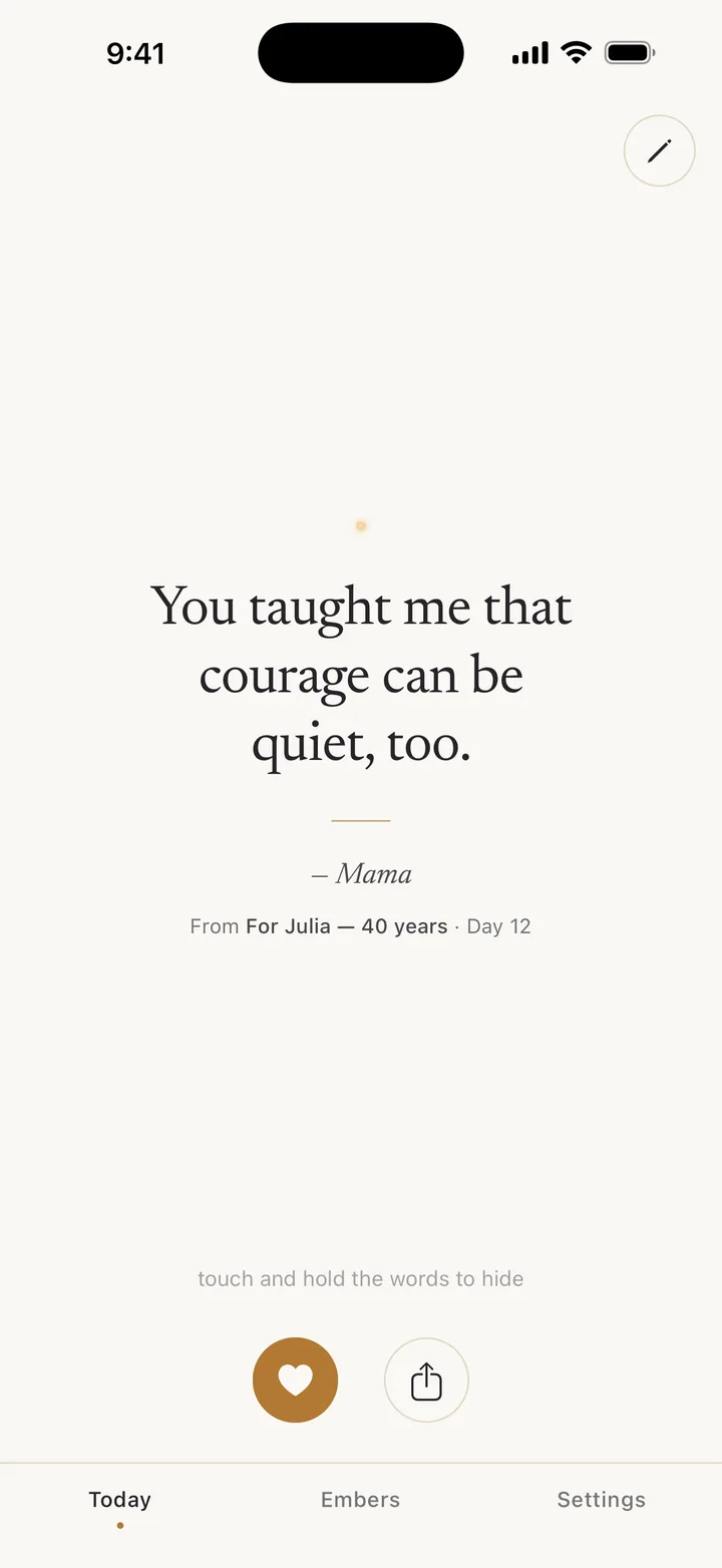 Re:Ember app showing today's Ember, a personal message from Julia